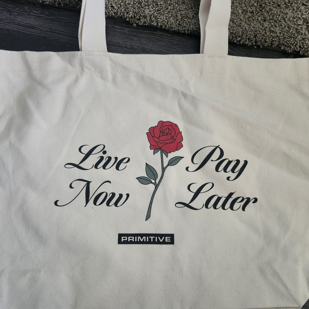 Primitive Cream Tote with Red Rose and Black Text